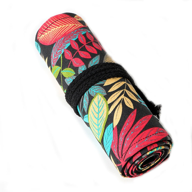 Fallen leaves printed canvas pen roll case, rolled design with black tie closure