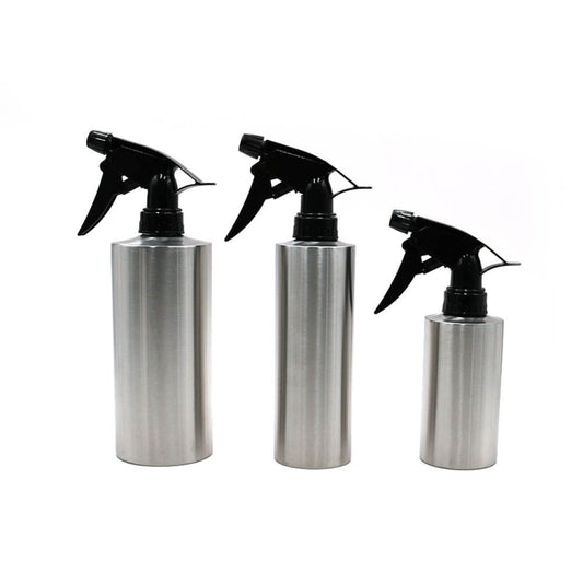 Set of three stainless steel watering can sprayer bottles with black nozzles