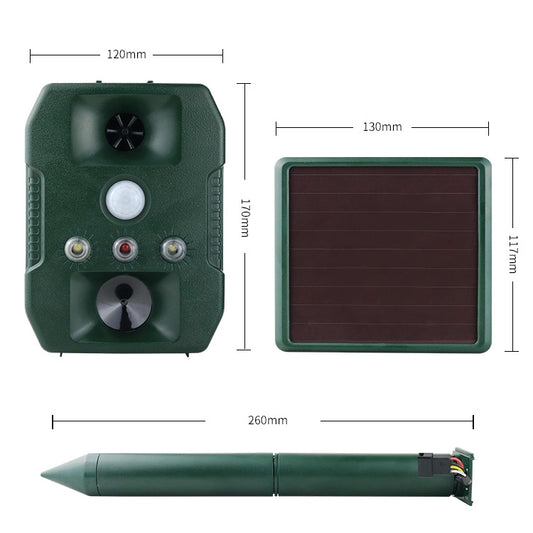 Solar ultrasonic animal repeller with solar panel, speaker openings, and mounting rod