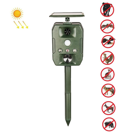 Solar ultrasonic animal repeller stake with green body, solar panel, and round speaker vents