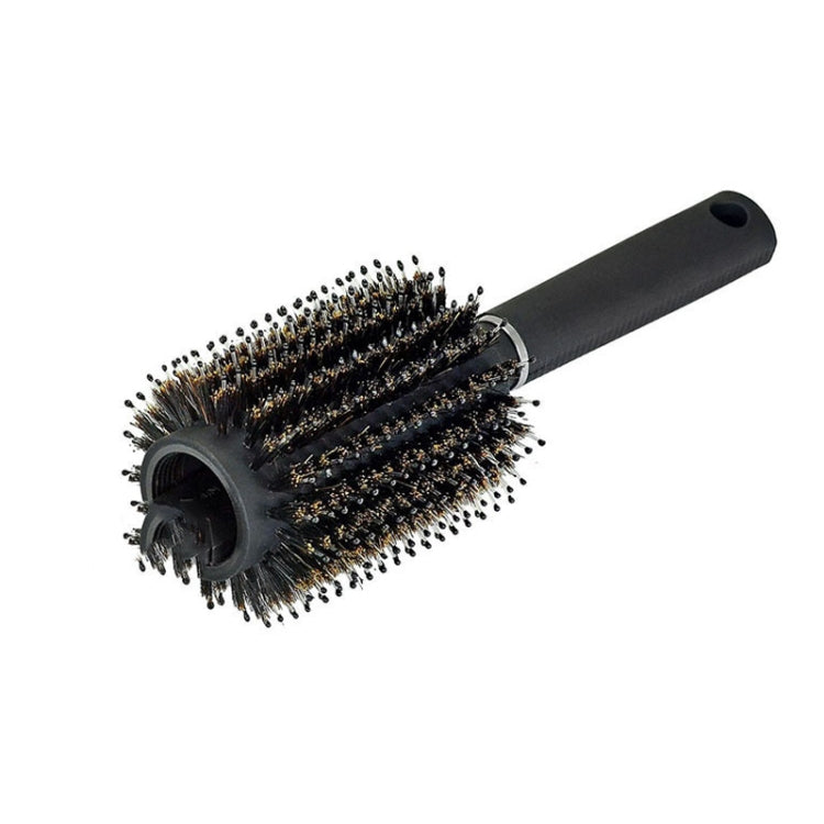 Black round roller hair brush with bristles and plastic handle