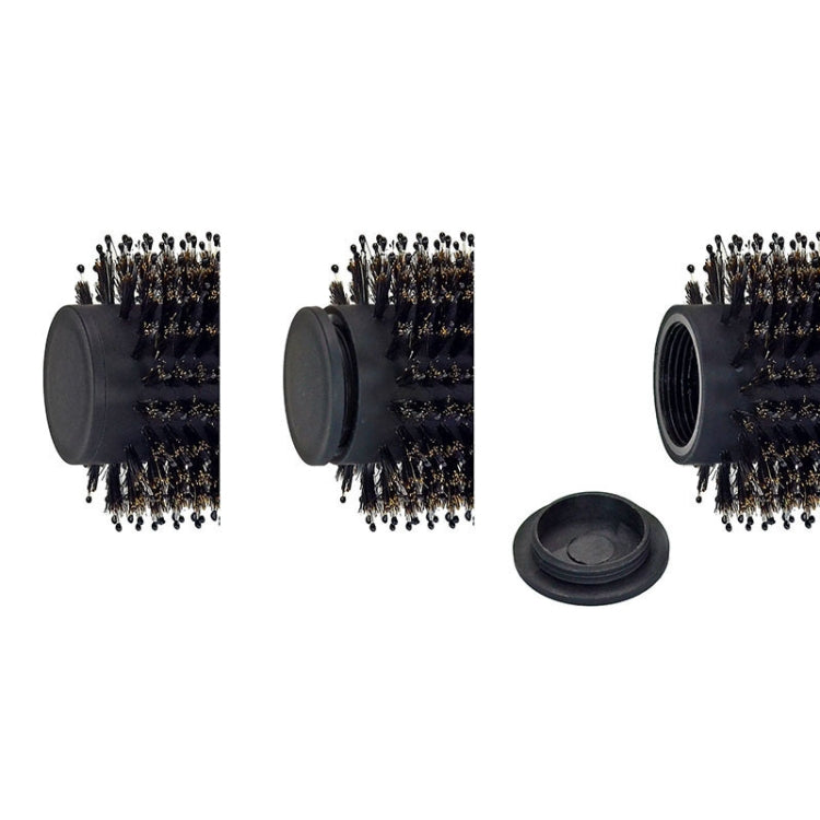 Black roller hair brush with removable end cap, shown from multiple angles