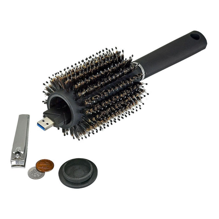 Black roller hair brush with bristles, end cap, and USB plug