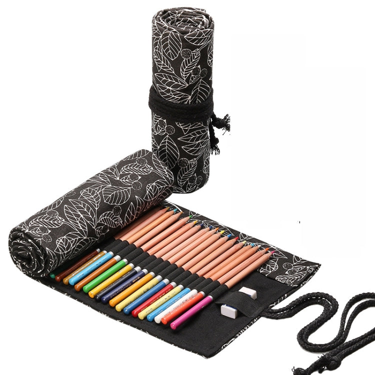Black canvas pen roll bag with white leaf pattern, open layout with colorful pens inside