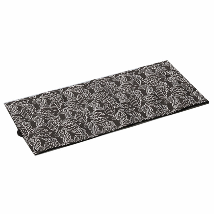 Black canvas pen roll bag with white leaf pattern, flat folded sleeve with carry tie cord