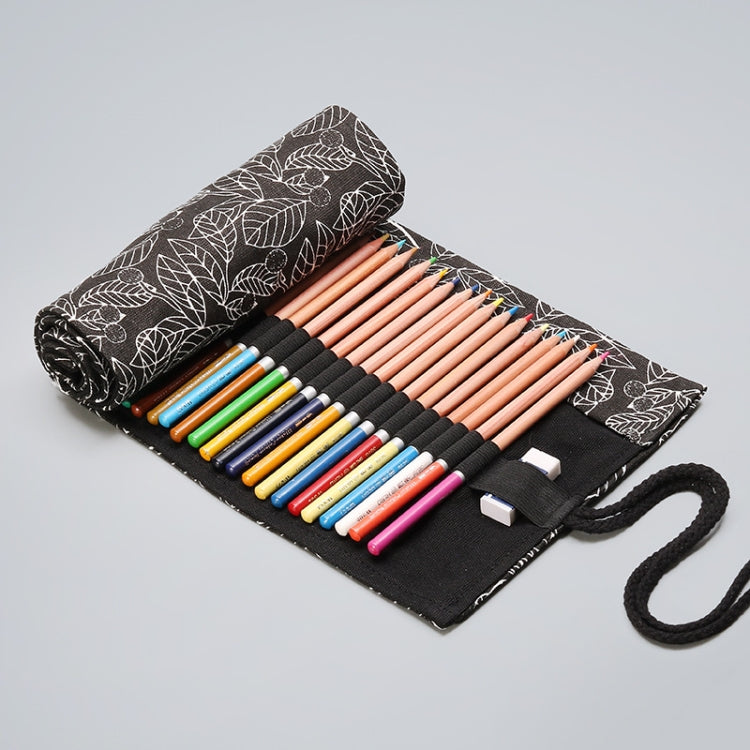 Black canvas pen roll bag with white leaf pattern, open top view with colorful pens