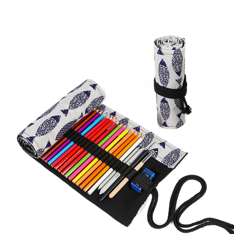 Blue-and-white canvas pencil roll with elastic straps and colorful pens, open