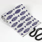 Blue-and-white patterned canvas pen roll with black carrying cord, laid flat