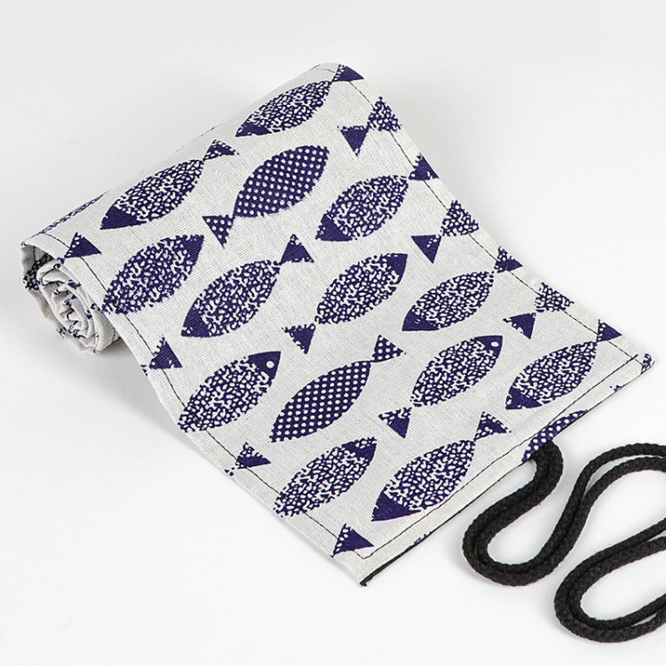 Blue-and-white patterned canvas pen roll with black carrying cord, laid flat