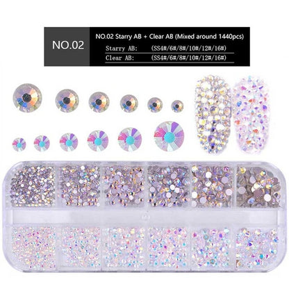 Iridescent clear AB flat-back round crystal nail gems with storage organizer tray