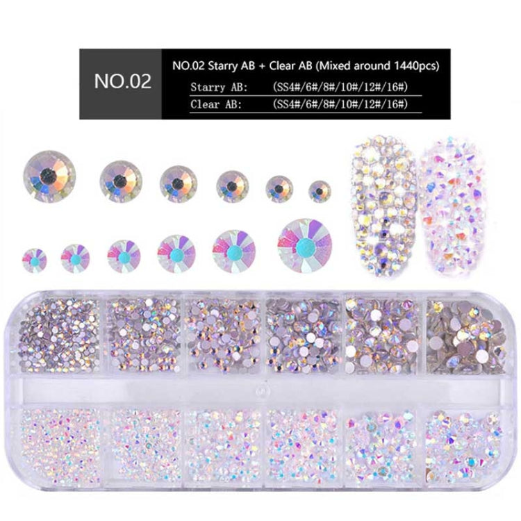 Clear AB round rhinestone nail charms set, shown on tray with multiple size compartments