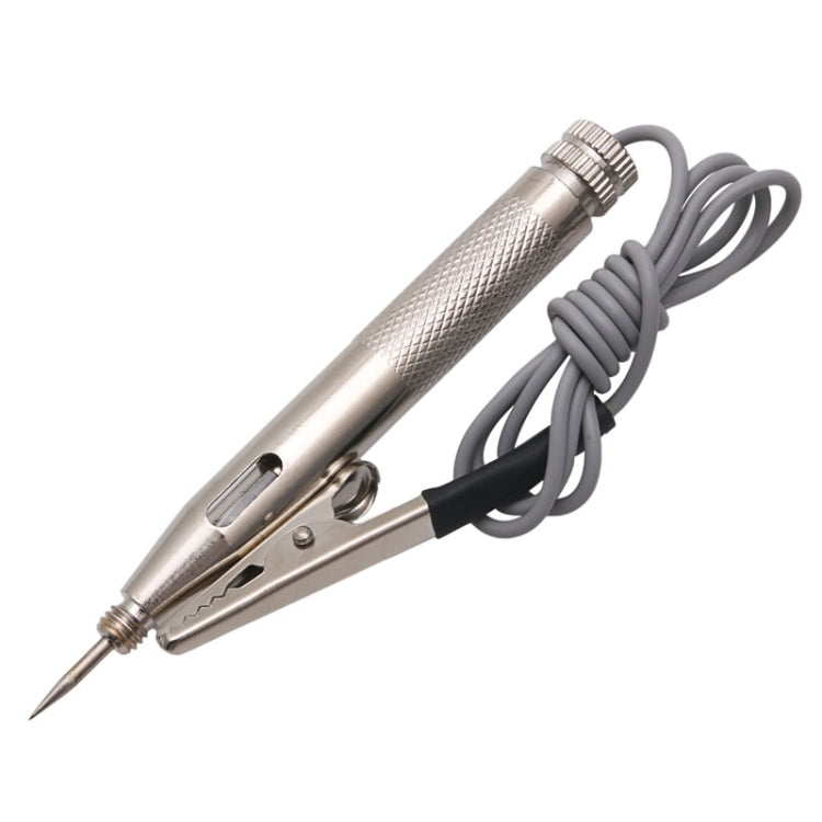 Motorcycle circuit tester probe with stainless metal body, ribbed grip, black clip lead