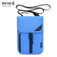 Blue RFID passport holder with hanging neck strap and front flap pocket