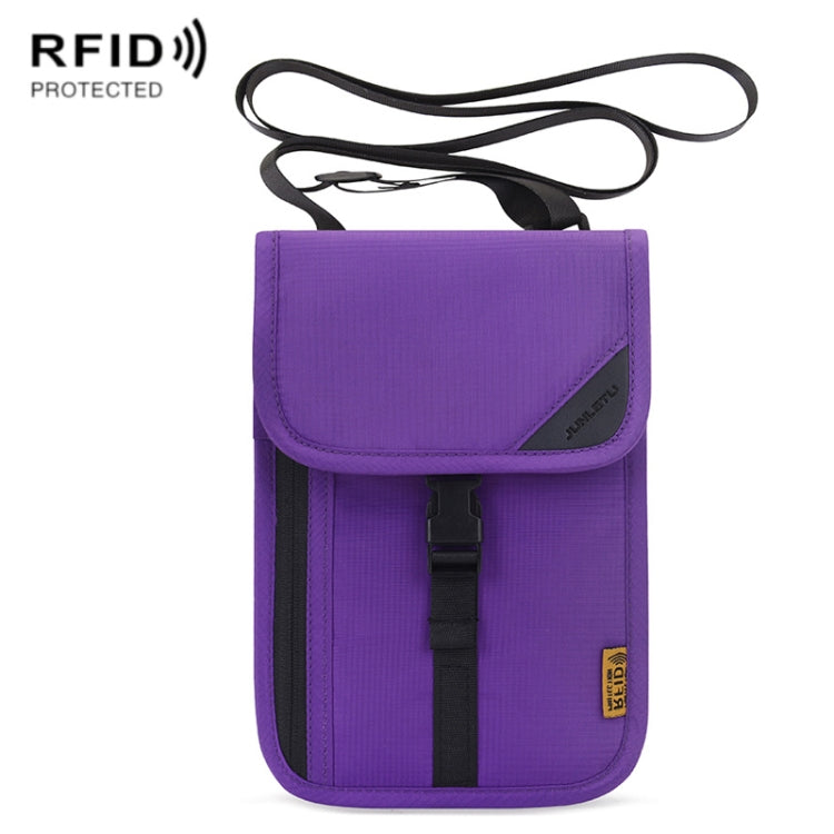 Purple RFID passport holder with hanging neck strap and front flap pocket