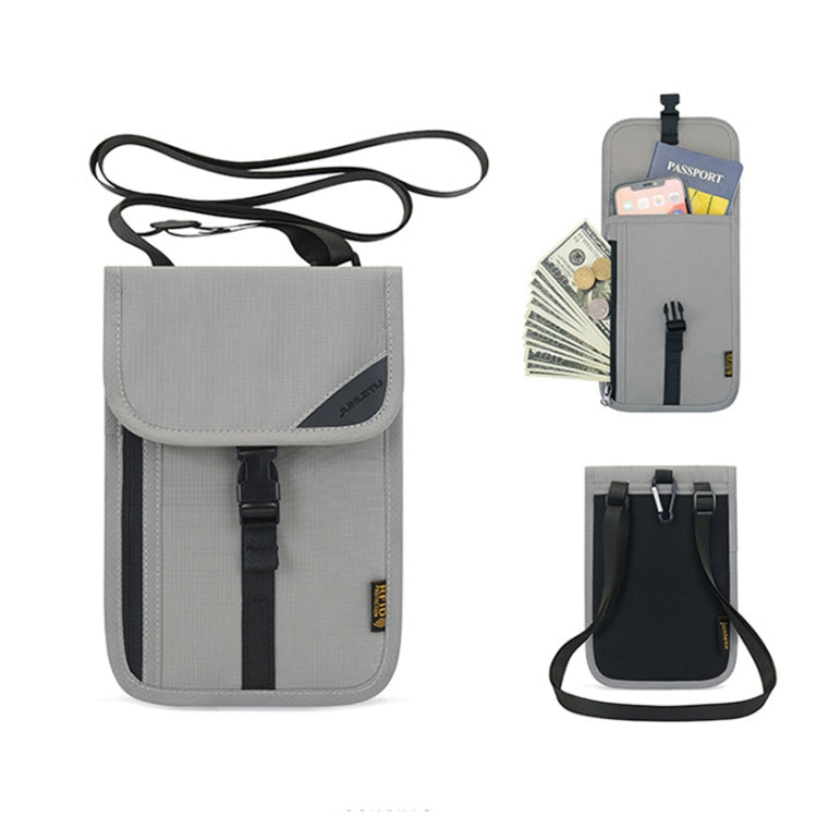 Light gray hanging neck passport holder bag with RFID-protected card and money slots