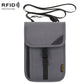 Charcoal gray RFID passport holder with hanging strap and front flap pocket