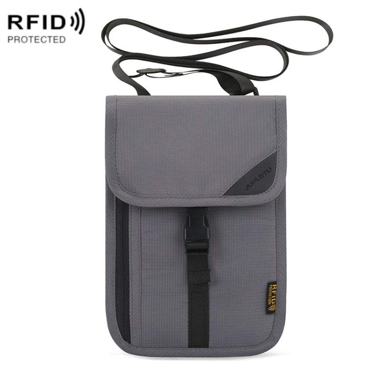 Charcoal gray RFID passport holder with hanging strap and front flap pocket