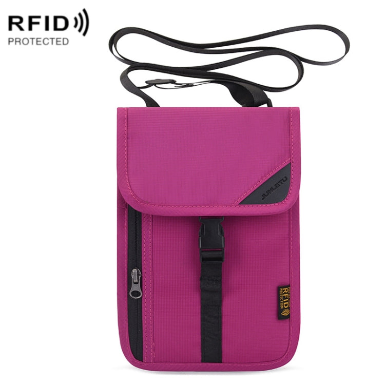 Rose red RFID passport holder with hanging neck strap and front flap pocket