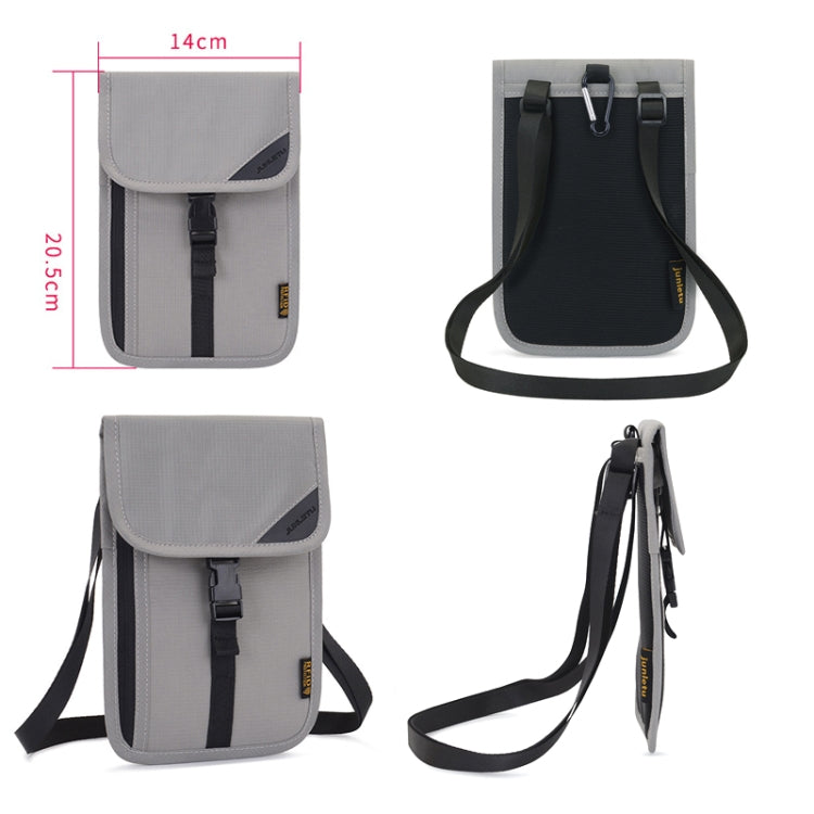 Light gray passport holder bag with hanging neck strap and crossbody lanyard