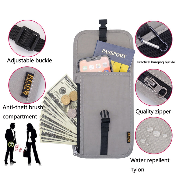 Light gray RFID passport holder with zipper, anti-theft pocket, and card compartments