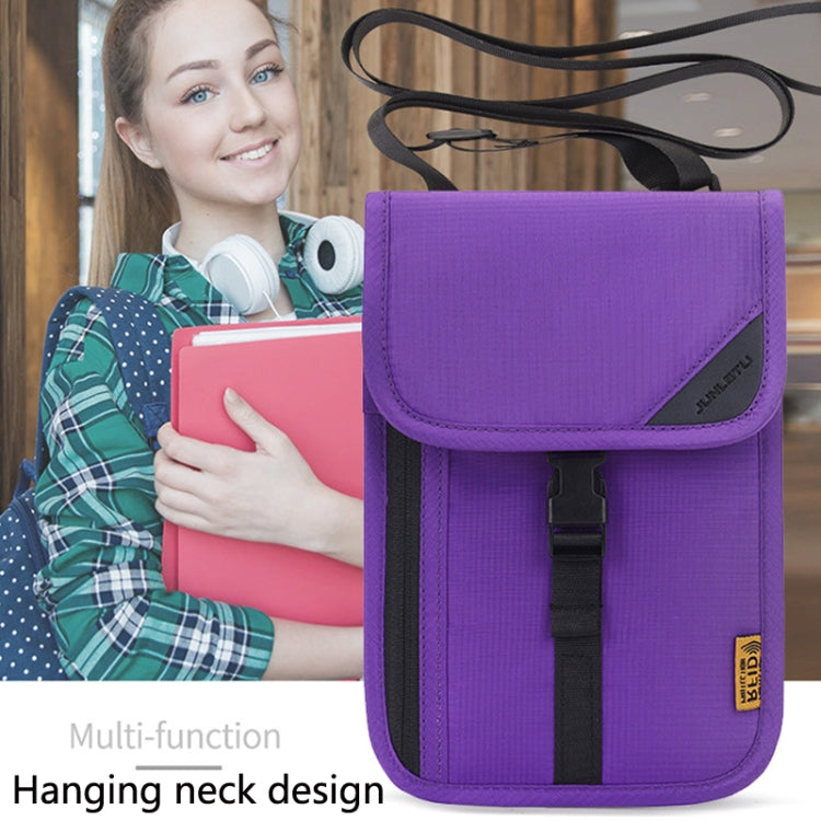 Purple hanging neck travel passport holder with flap and adjustable strap pouch