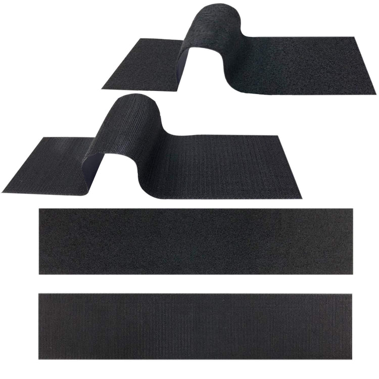 Black hook-and-loop fastener strips with curved tabs, adhesive-backed for mounting