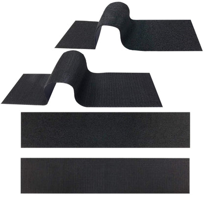 Black hook-and-loop fastener strips with curved tabs, adhesive-backed for mounting