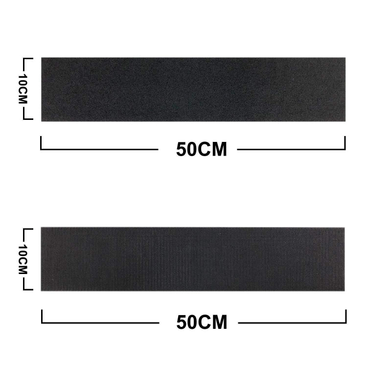 Black hook-and-loop fastener strips, 50cm length and 10cm width measurements shown