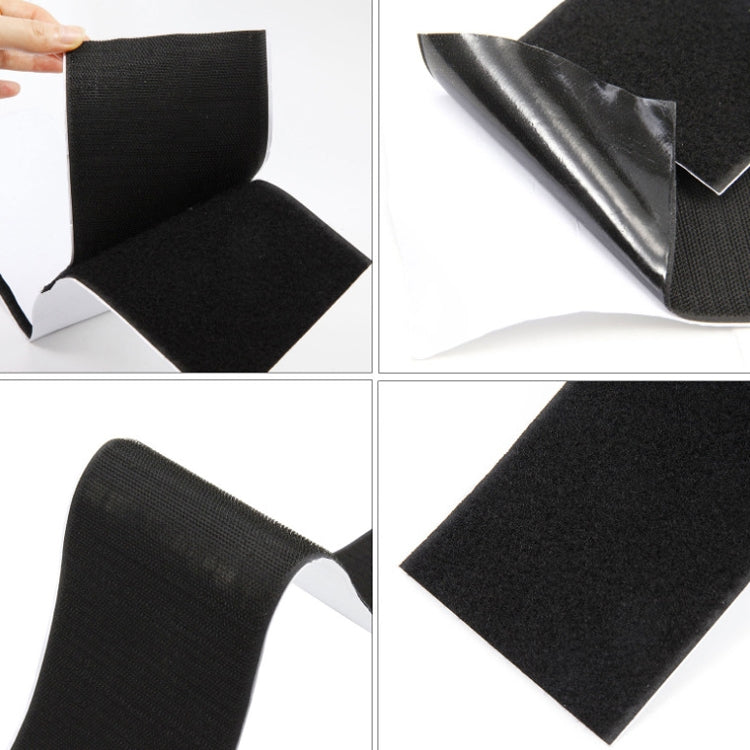 Black hook-and-loop fastener pads showing fold and adhesive backing peel-off