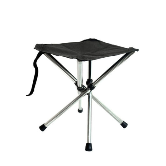 Portable folding stool with black fabric seat and chrome steel X-frame legs