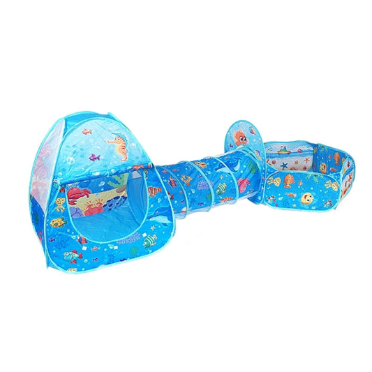 Blue ocean-themed kids play tent and tunnel with ball pool