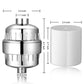 Chrome shower water filter with dimensions and cylindrical white end cap