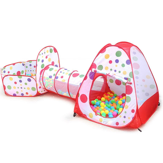 Red children’s play tent with ball pool and tunnel playhouse, polka-dot fabric