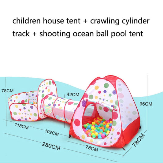 Red 3-in-1 children’s play tent, tunnel, and ball pool with size diagram