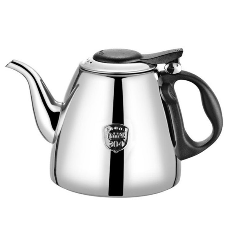 Stainless steel small teapot with black handle and lid, curved spout and metal finish