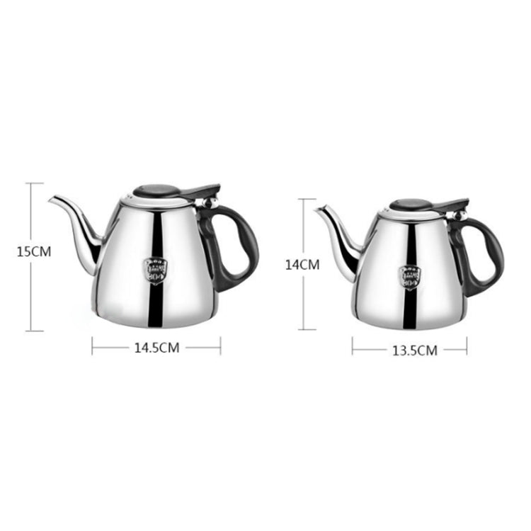 Stainless steel small teapot with black handle and lid, side-by-side height and width view