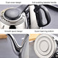 Stainless steel kettle close-up with black handle and lid, spout and base heat ring