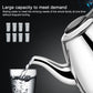 Stainless steel kettle with curved spout and black handle, pouring water close-up