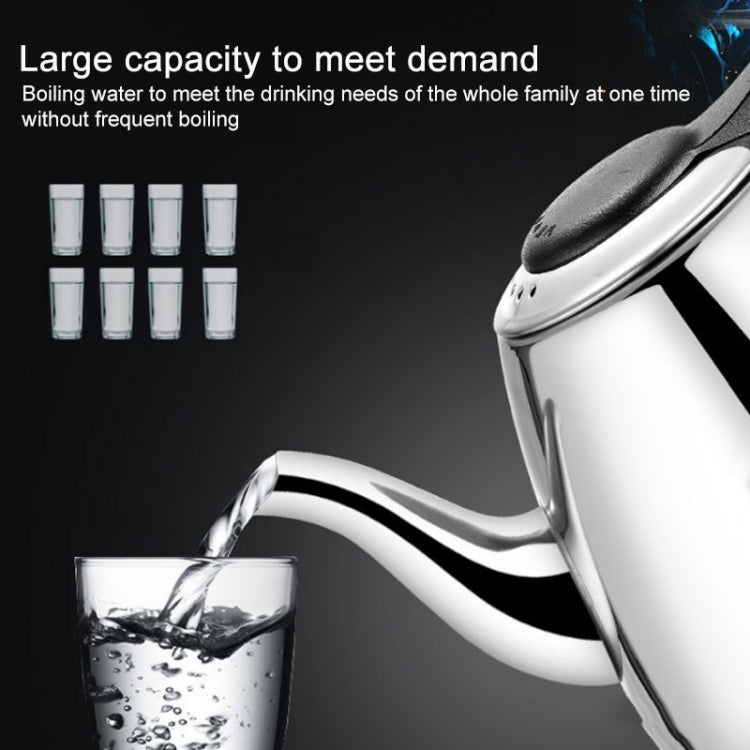 Stainless steel kettle with curved spout and black handle, pouring water close-up