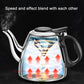 Stainless steel small teapot with black handle and lid, visible spout and water heating effect