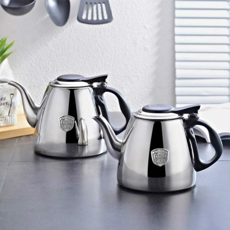Stainless steel kettles set with black handles and lids, small and larger teapot on table