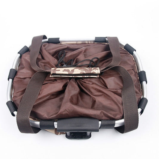 Foldable bicycle front bag basket (L) interior view with brown fabric and black straps