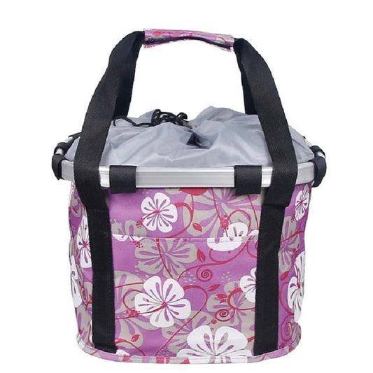 Foldable bicycle front bag basket (L) with purple floral print and black straps