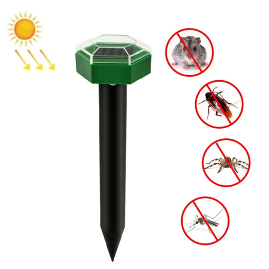 Green hexagonal solar animal repeller stake with black pointed base