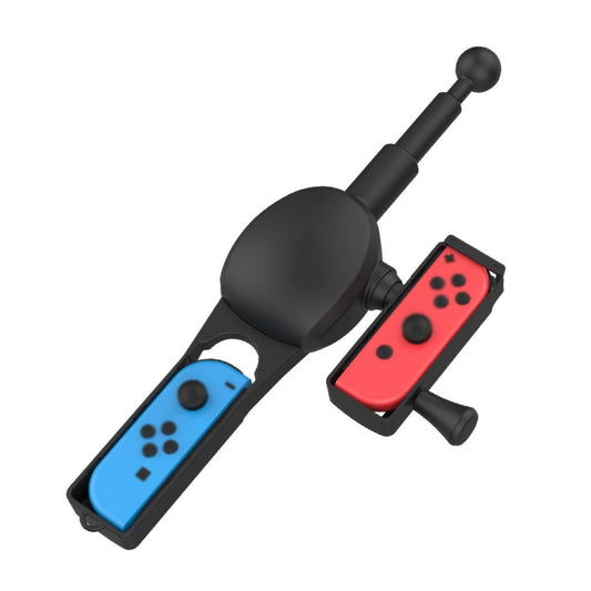 Fishing rod game handle accessory with blue and red Joy-Con controller grips