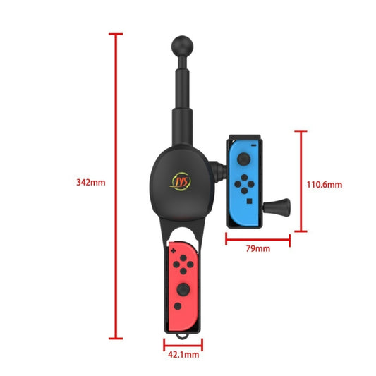 Fishing rod game handle accessory with blue and red Joy-Con supports, side view