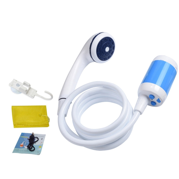 Sky blue and white electric pet shower kit with handheld nozzle and coiled hose