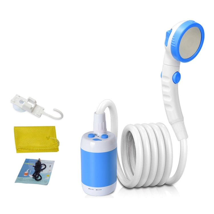 Blue and white high-match electric pet shower with handheld nozzle and coiled hose