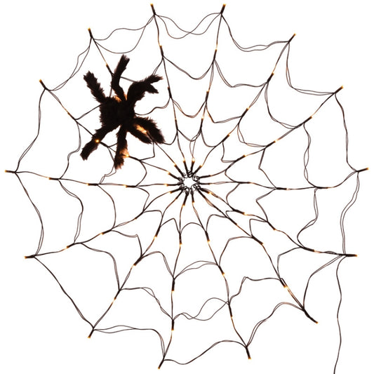 Halloween LED spider web string lights with black spider figurines and unlit strands