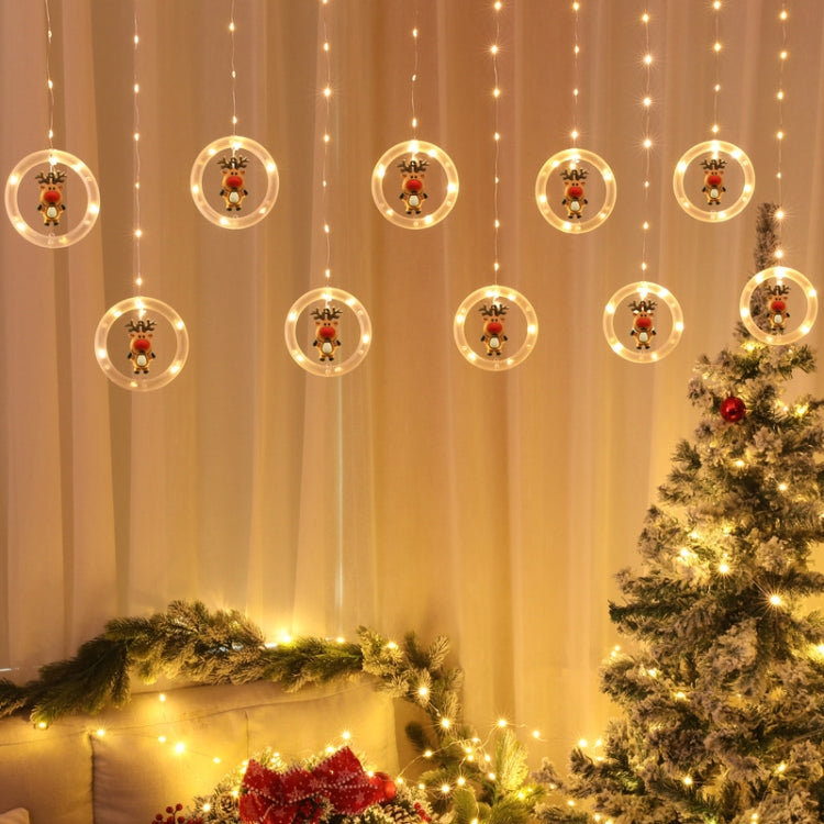 Warm white USB ring Christmas lights with reindeer, Santa, and tree ornaments